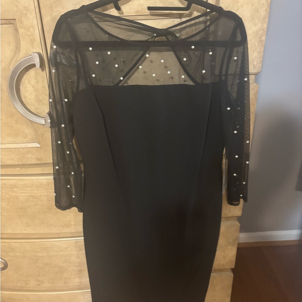 Elegant Black Dress with Sheer Pearl Detail